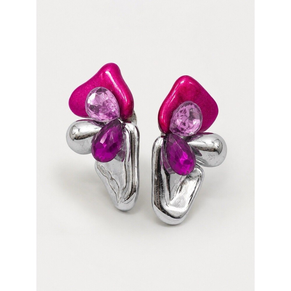 Vintage 80s Memphis Style Clip-On Earrings Pink Purple Silver Statement
